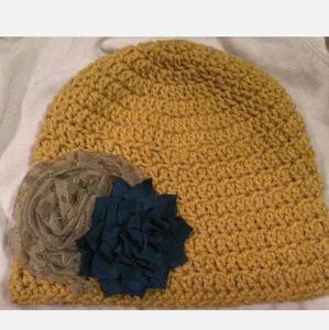 Ladies Mustard Beanie with Navy and Tan Flowers
